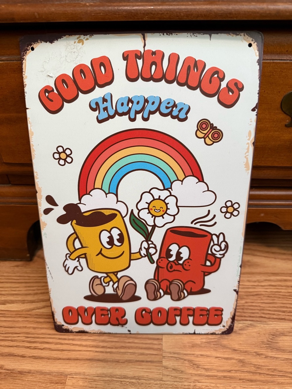 Good Things Happen Over Coffee Retro Wall Art - Red & Yellow
